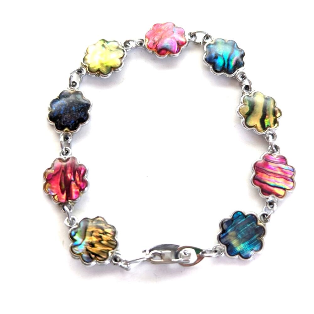 Vintage Estate Dyed Mother of Pearl Shell Inlay Floral Chain Bracelet